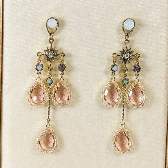 Pink Drop Earrings, Bridesmaids Pink Earrings, Pink Teardrop Crystal Earrings - Picture 1 of 6